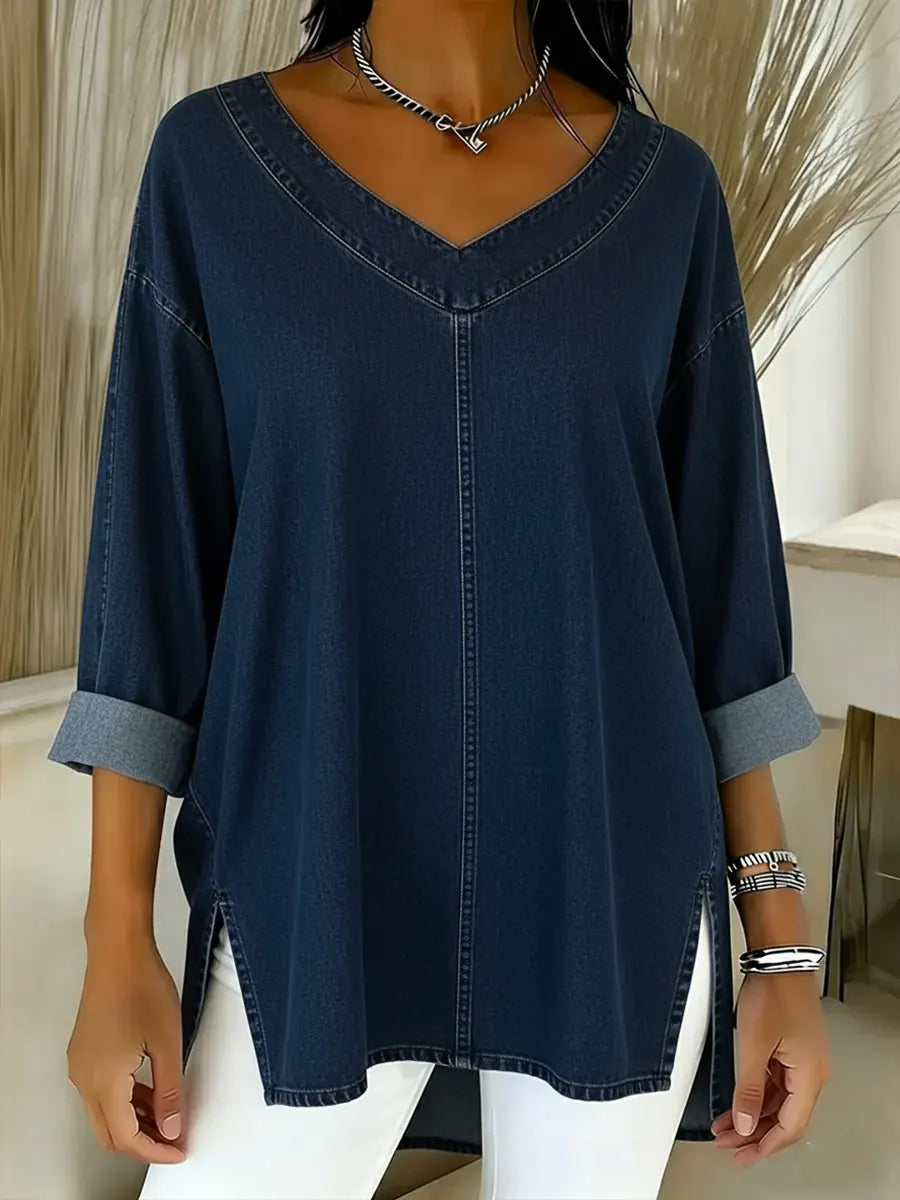 Thelma | V-Neck Denim-Look Tunic Top
