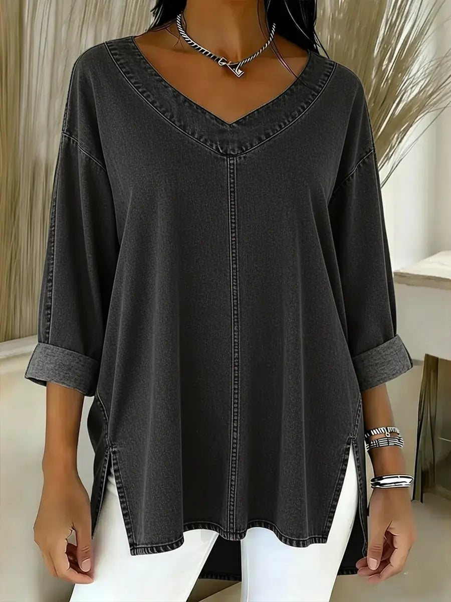 Thelma | V-Neck Denim-Look Tunic Top