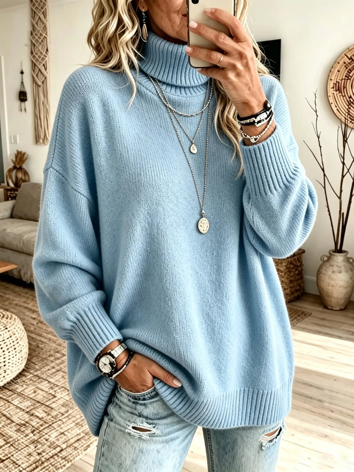 Sharon Oversized Roll Neck Ribbed Jumper in Blue