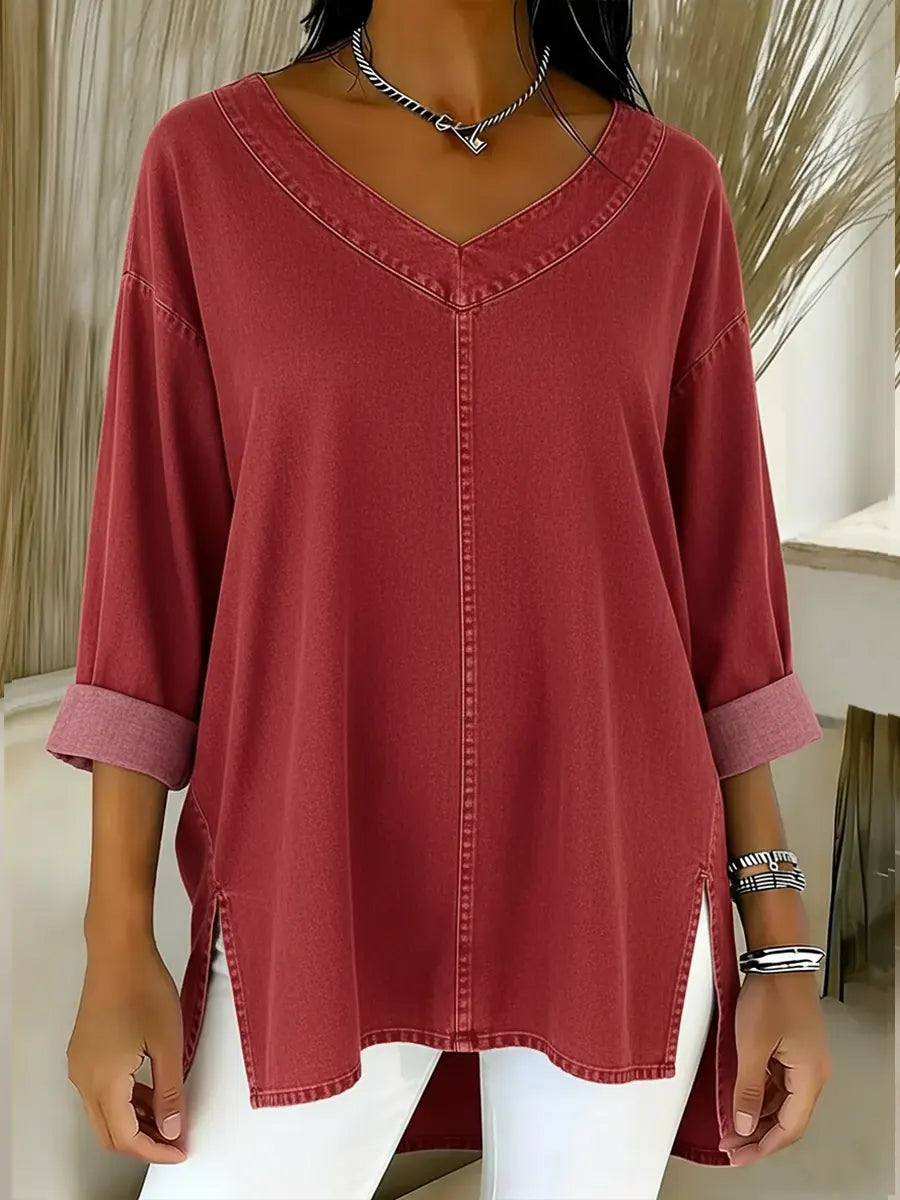 Thelma | V-Neck Denim-Look Tunic Top