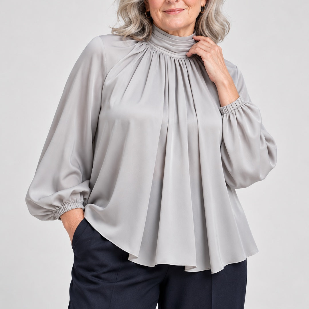 Patsy High Neck Pleated Blouse with Balloon Sleeves in Grey, a closer look at the fit