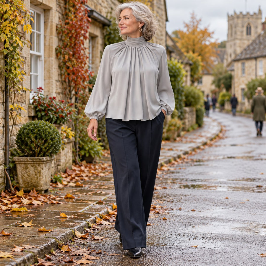 Patsy High Neck Pleated Blouse with Balloon Sleeves in Grey, worn out and about