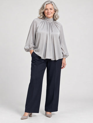 Patsy High Neck Pleated Blouse with Balloon Sleeves in Grey
