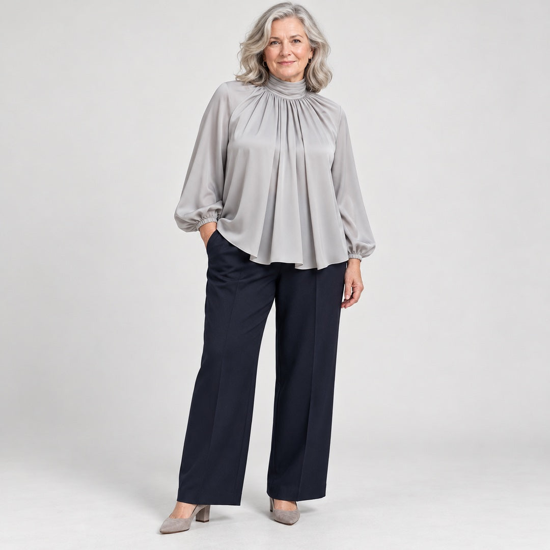 Patsy High Neck Pleated Blouse with Balloon Sleeves in Grey