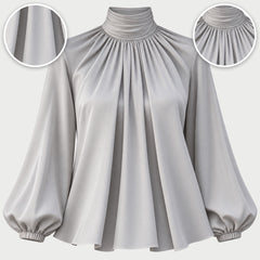 Patsy High Neck Pleated Blouse with Balloon Sleeves in Grey, with close-ups of the details