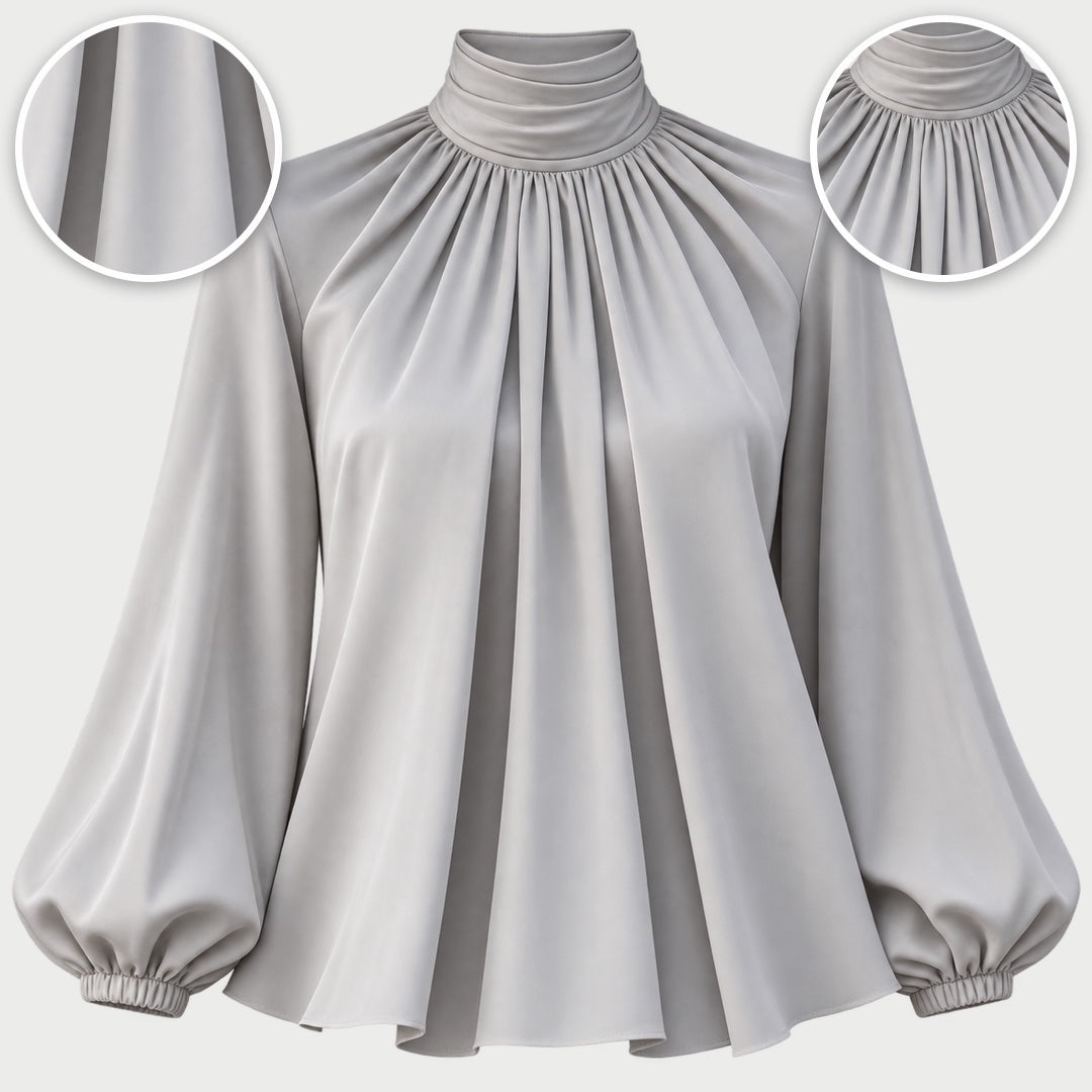Patsy High Neck Pleated Blouse with Balloon Sleeves in Grey, with close-ups of the details