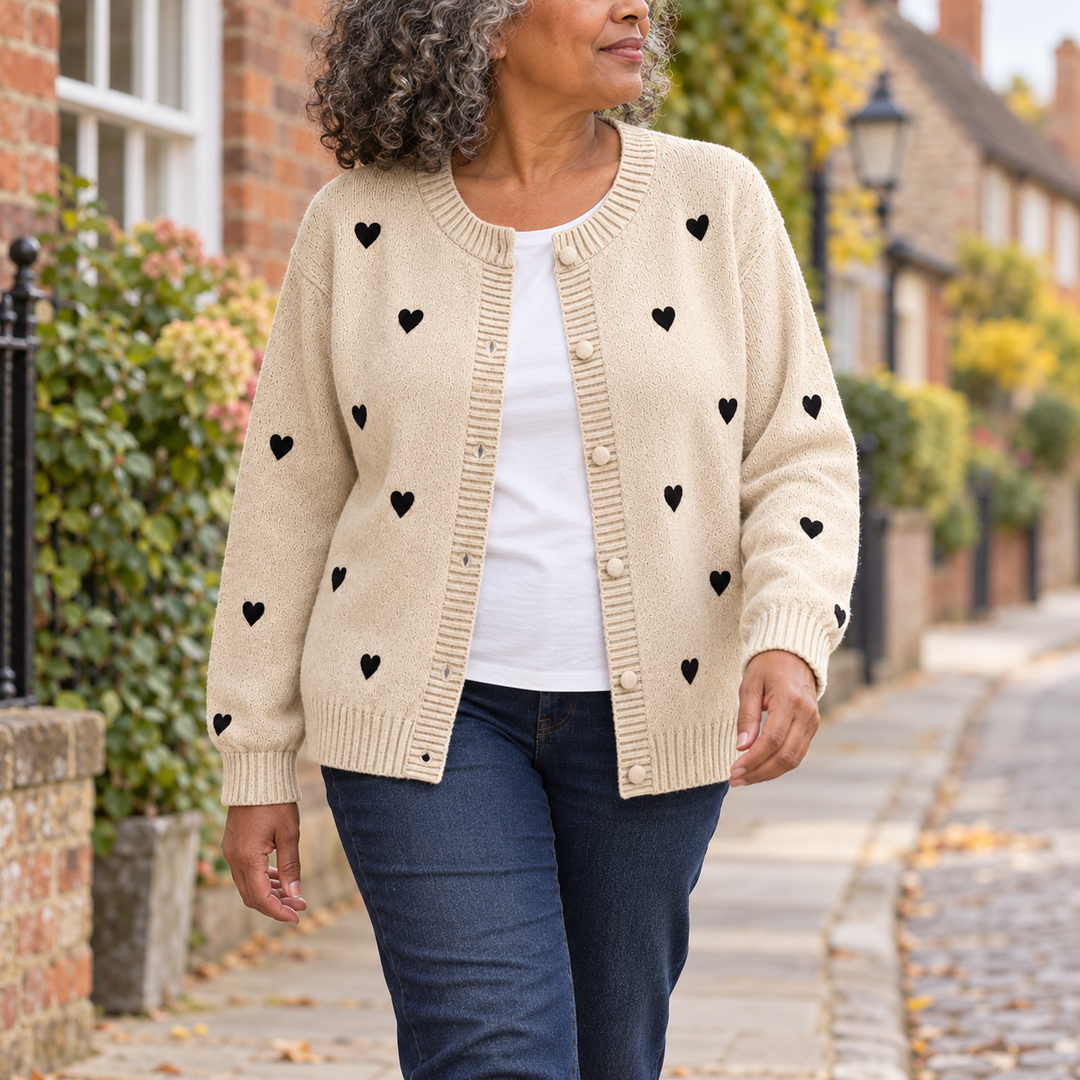 Peggy Heart Pattern Knit Cardigan in Oatmeal, worn out and about