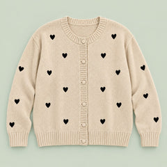 Peggy Heart Pattern Knit Cardigan in Oatmeal, the whole piece laid flat