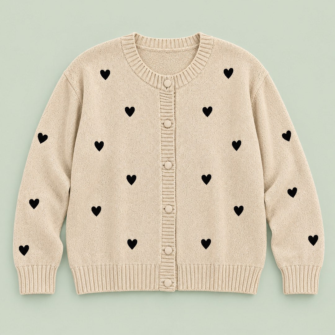 Peggy Heart Pattern Knit Cardigan in Oatmeal, the whole piece laid flat