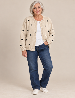 Peggy Heart Pattern Knit Cardigan in Oatmeal