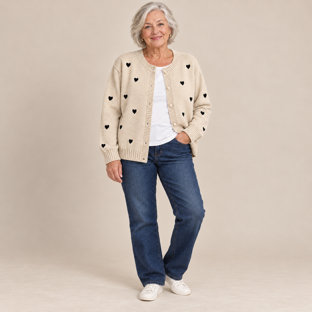 Peggy Heart Pattern Knit Cardigan in Oatmeal