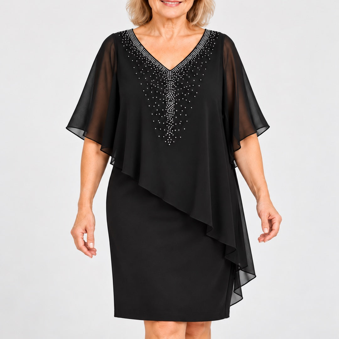 Close-up of the Philippa Embellished V-Neck Dress with Chiffon Cape Overlay in Black