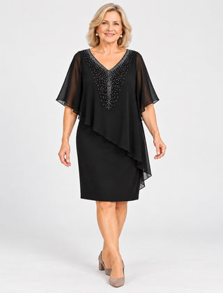 The Philippa Embellished V-Neck Dress with Chiffon Cape Overlay in Black