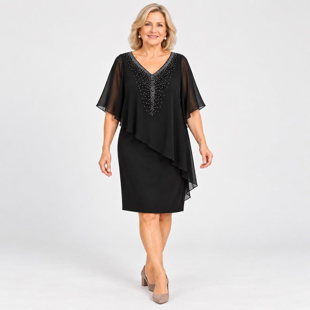 The Philippa Embellished V-Neck Dress with Chiffon Cape Overlay in Black