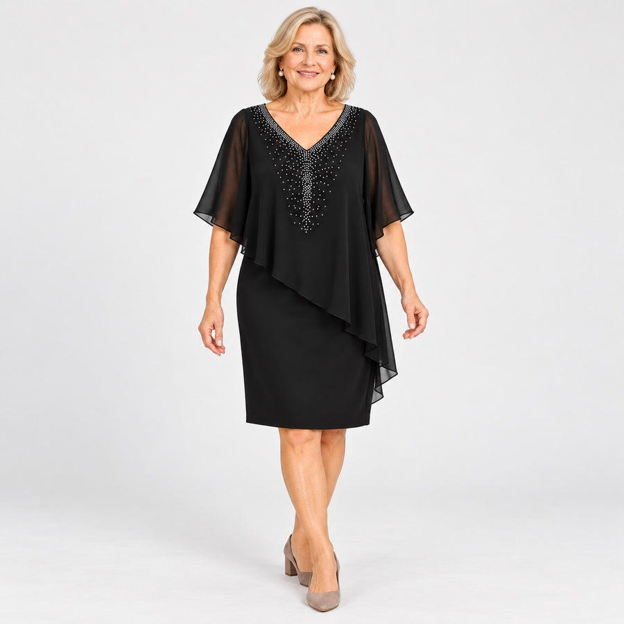 The Philippa Embellished V-Neck Dress with Chiffon Cape Overlay in Black