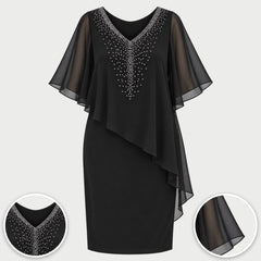 The Philippa Embellished V-Neck Dress with Chiffon Cape Overlay in Black, with close-ups of the details