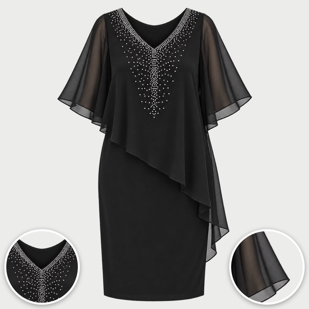 The Philippa Embellished V-Neck Dress with Chiffon Cape Overlay in Black, with close-ups of the details