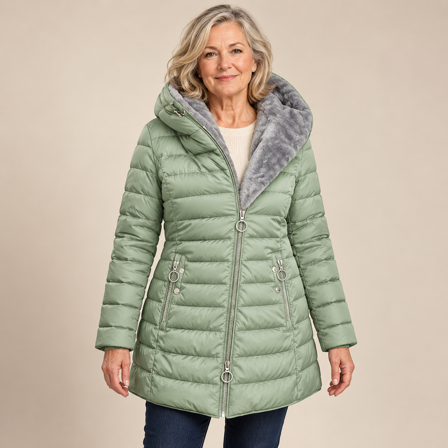 Phyllis Quilted Coat with Fur-Look Hood in Sage