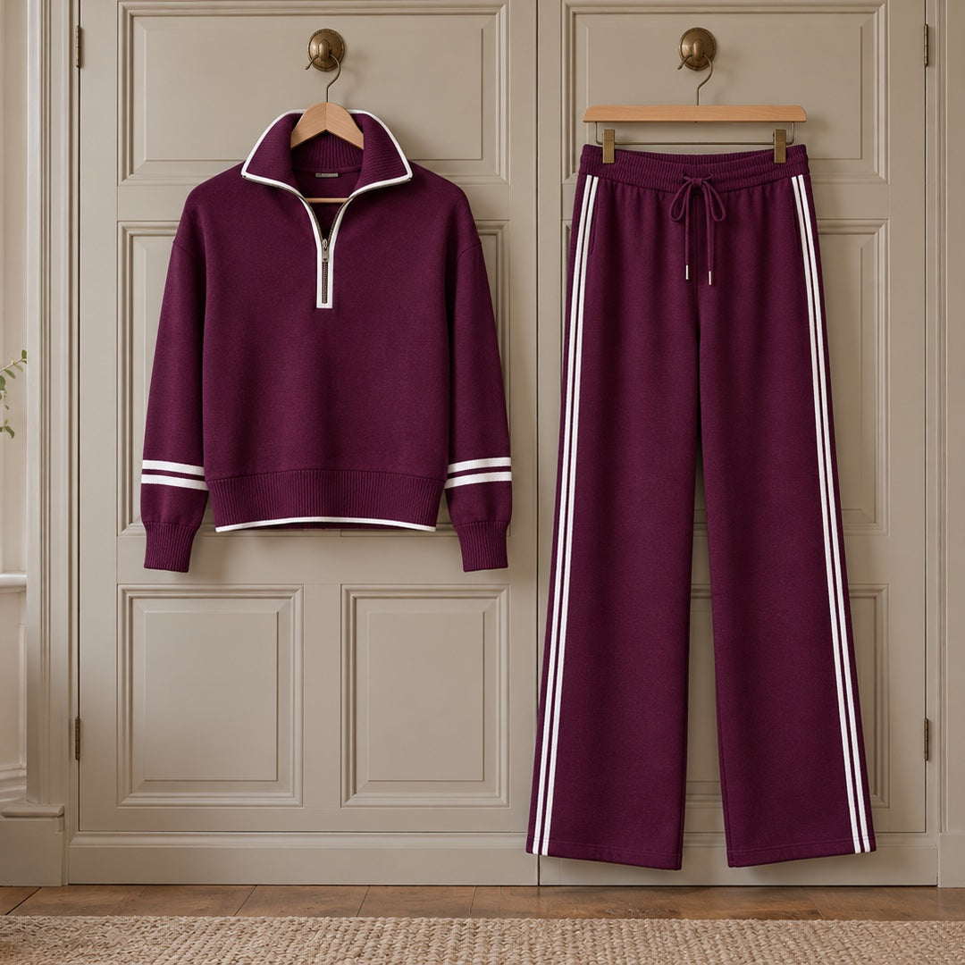 The Rhona Half Zip Jumper and Wide Leg Trouser Set on a hanger