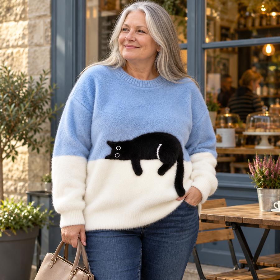Rhona Sleeping Cat Colour-Block Jumper in Blue, worn out and about