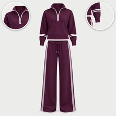 The Rhona Half Zip Jumper and Wide Leg Trouser Set with close-ups of the details