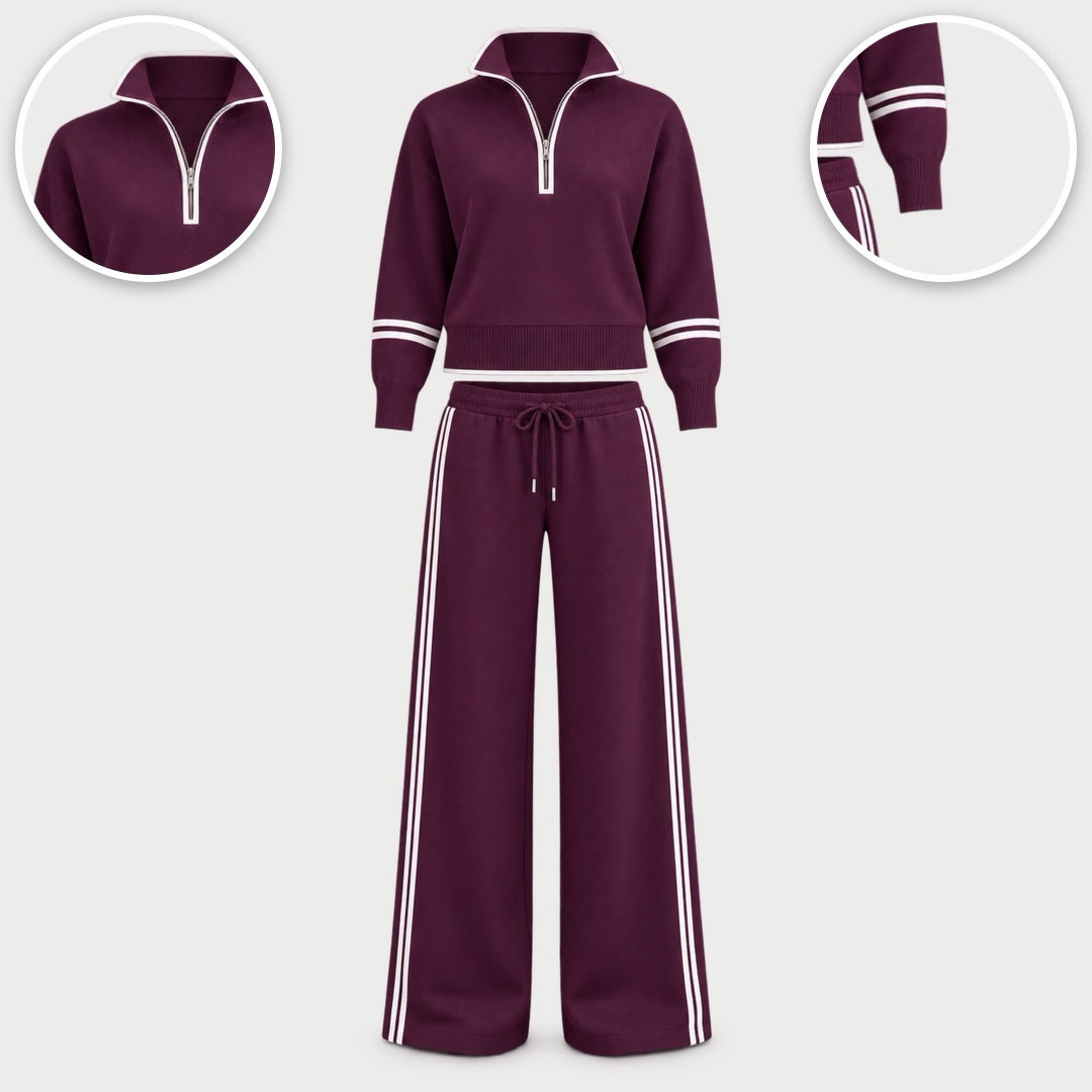The Rhona Half Zip Jumper and Wide Leg Trouser Set with close-ups of the details