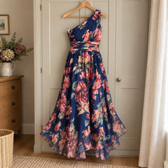 Rita One-Shoulder Floral Maxi Dress in Navy Floral on a hanger
