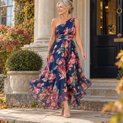 Rita One-Shoulder Floral Maxi Dress in Navy Floral, worn out and about