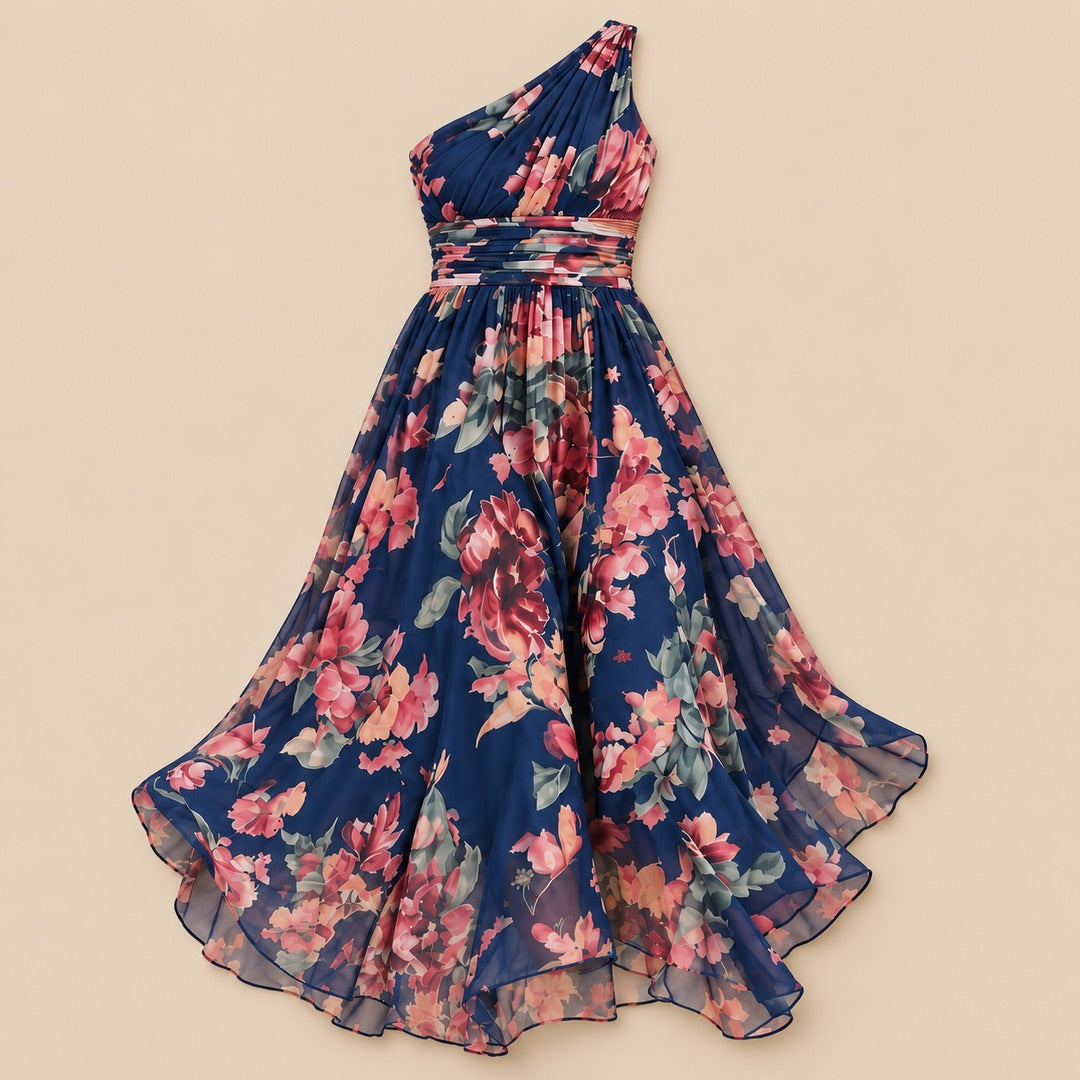 Rita One-Shoulder Floral Maxi Dress in Navy Floral, the whole piece laid flat