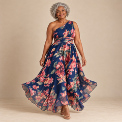 Rita One-Shoulder Floral Maxi Dress in Navy Floral