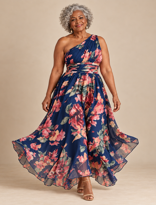 Rita One-Shoulder Floral Maxi Dress in Navy Floral