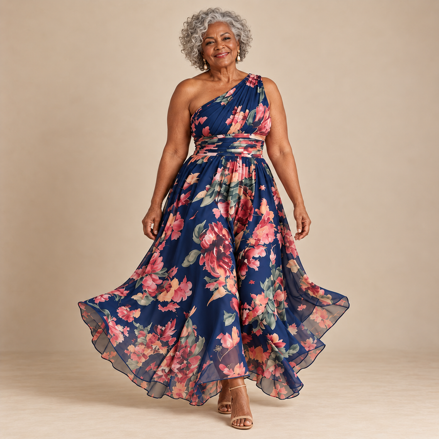 Rita One-Shoulder Floral Maxi Dress in Navy Floral
