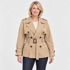 The Roberta Short Double Breasted Belted Trench Coat close-up of the fabric
