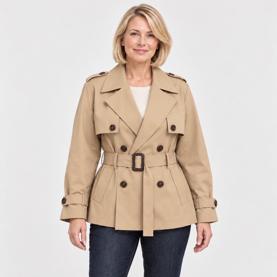 The Roberta Short Double Breasted Belted Trench Coat close-up of the fabric