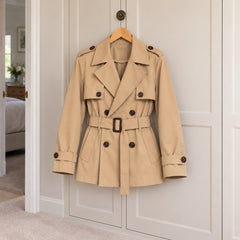 The Roberta Short Double Breasted Belted Trench Coat on a hanger