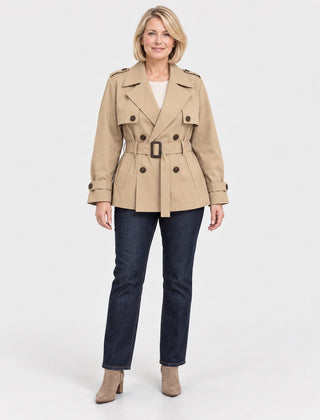 The Roberta Short Double Breasted Belted Trench Coat in the studio