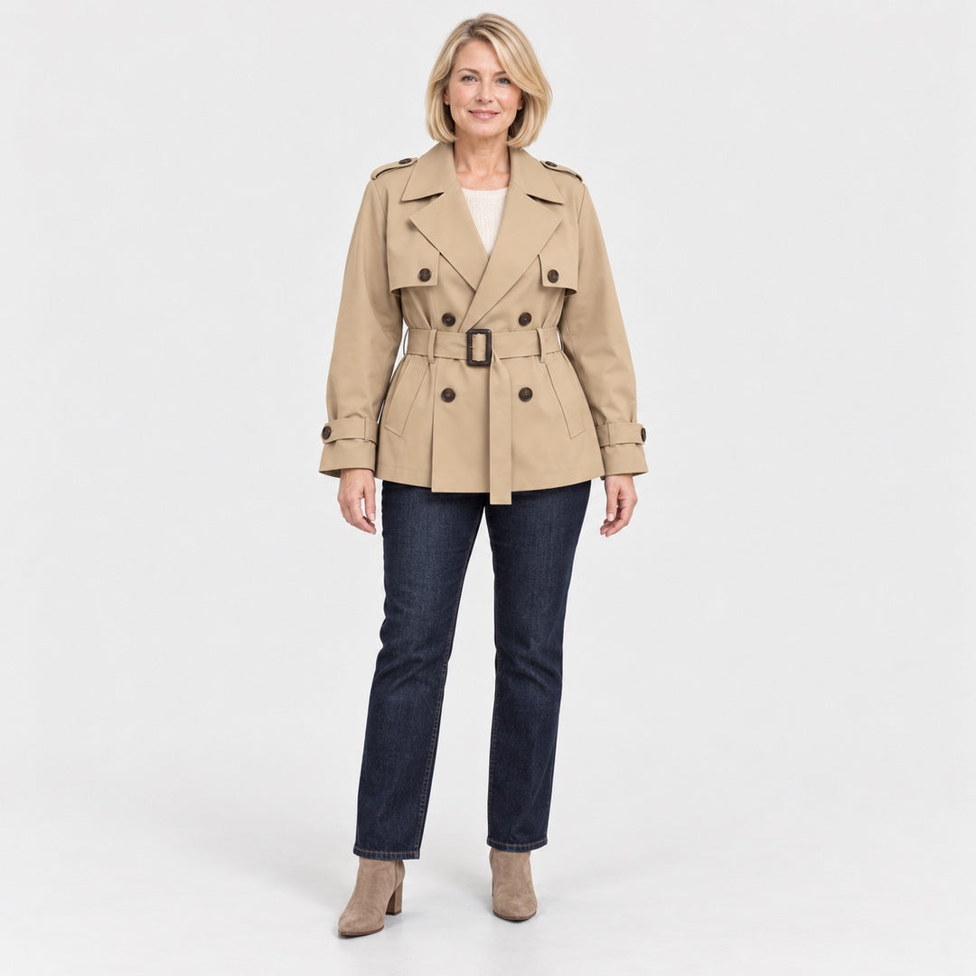 The Roberta Short Double Breasted Belted Trench Coat in the studio