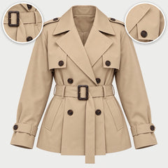 The Roberta Short Double Breasted Belted Trench Coat with close-ups of the details