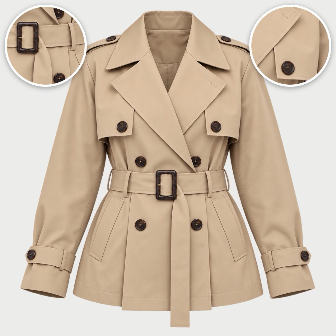 The Roberta Short Double Breasted Belted Trench Coat with close-ups of the details