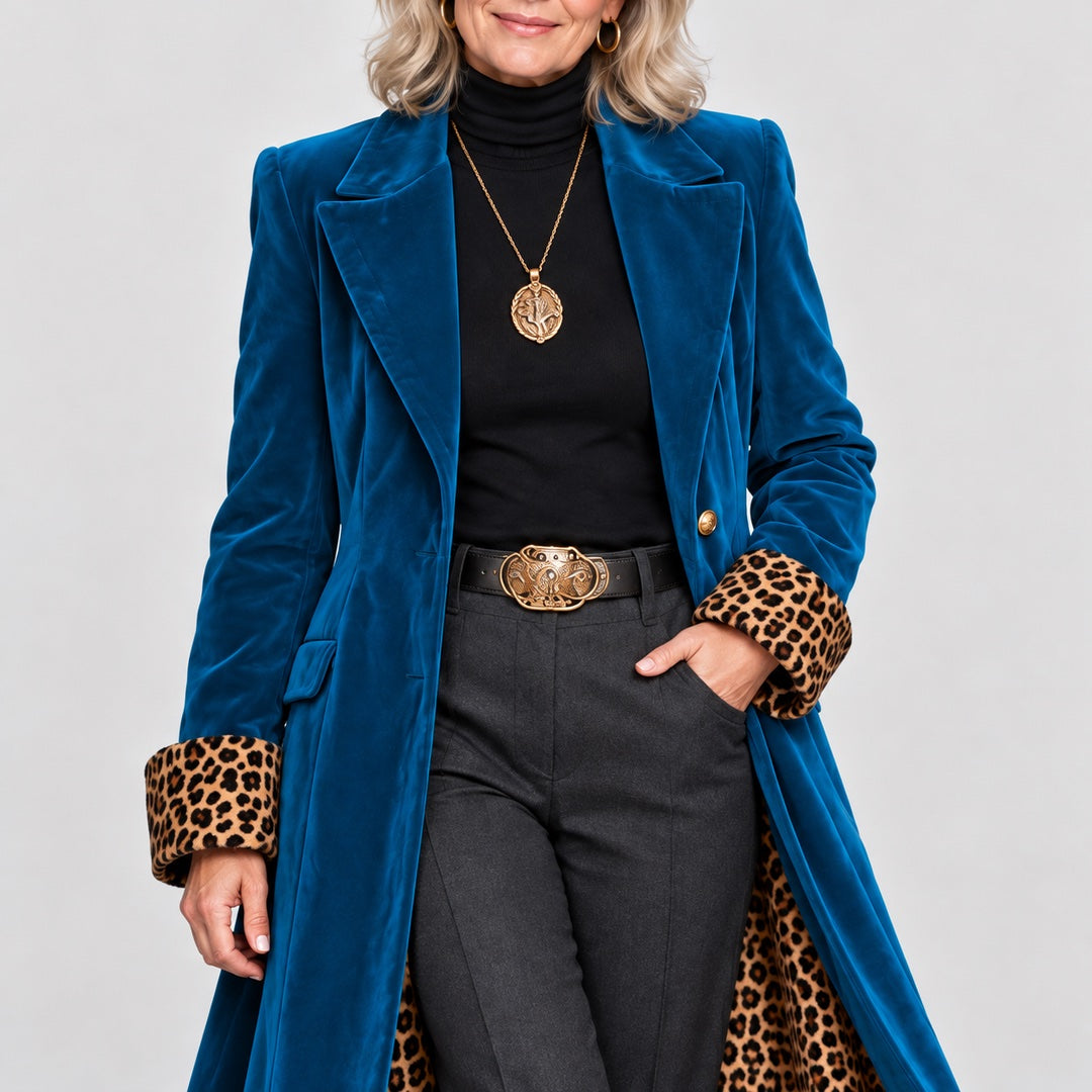 Close-up of the Rosalind Long Velvet-Look Coat with Leopard Print Lining in Petrol Blue