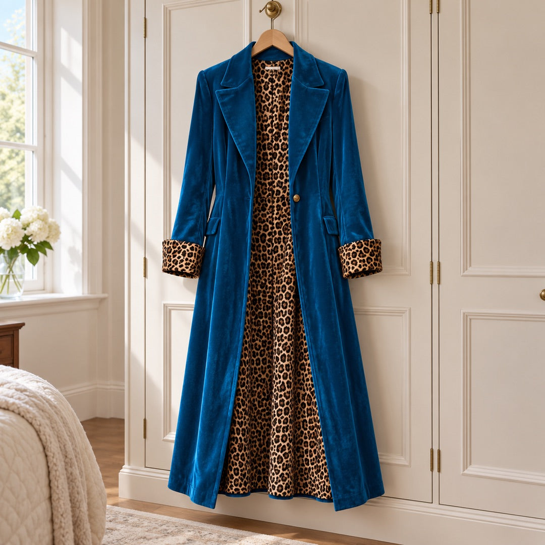 The Rosalind Long Velvet-Look Coat with Leopard Print Lining in Petrol Blue on a hanger