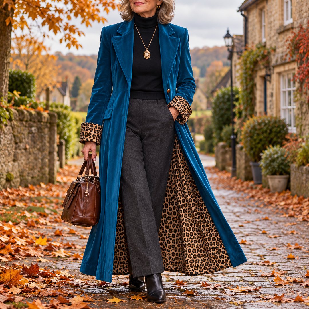 A woman wearing the Rosalind Long Velvet-Look Coat with Leopard Print Lining in Petrol Blue