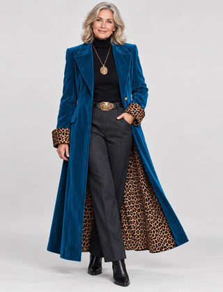 The Rosalind Long Velvet-Look Coat with Leopard Print Lining in Petrol Blue