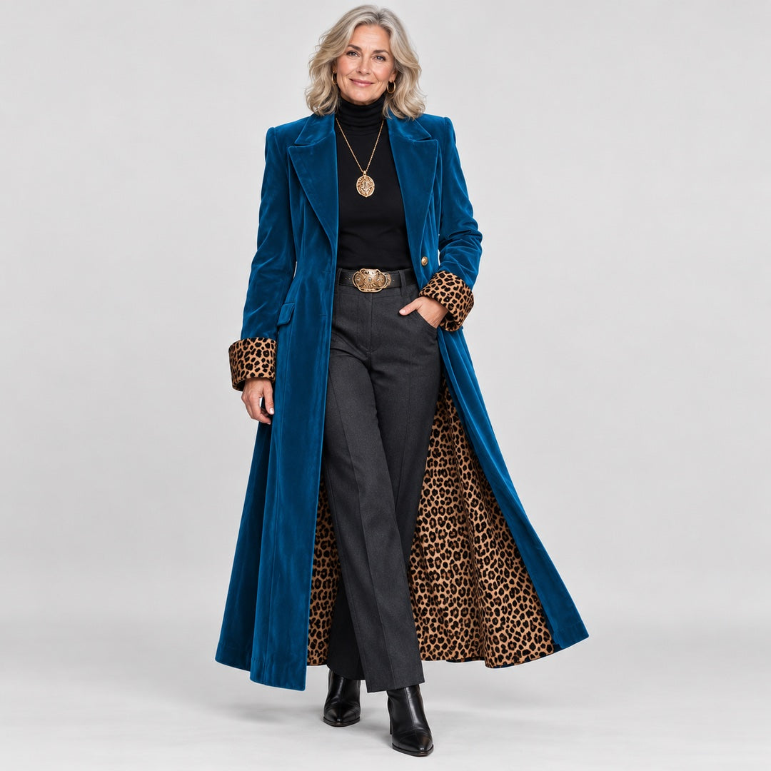The Rosalind Long Velvet-Look Coat with Leopard Print Lining in Petrol Blue