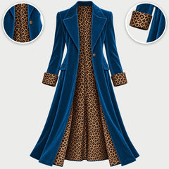 The Rosalind Long Velvet-Look Coat with Leopard Print Lining in Petrol Blue, with close-ups of the details