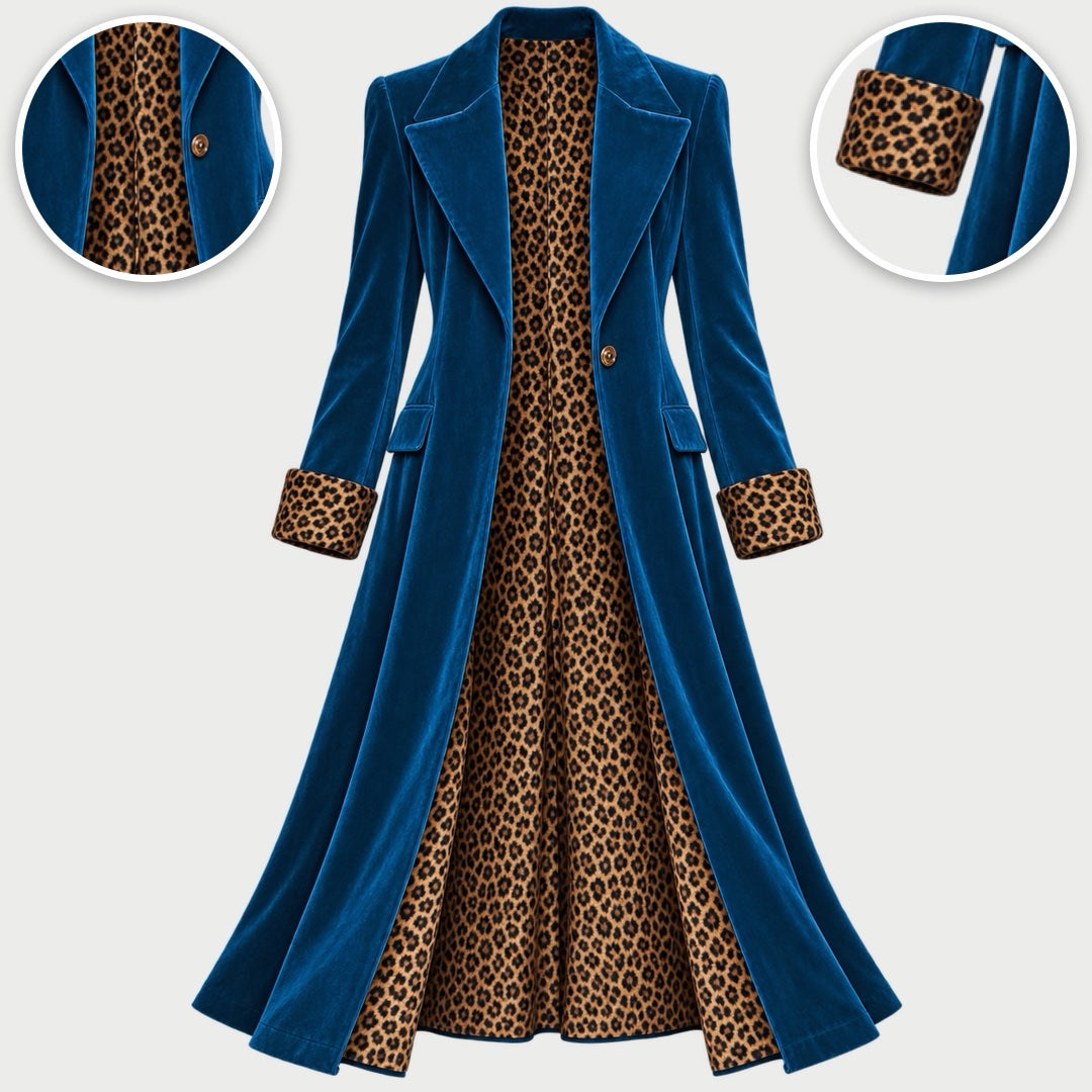 The Rosalind Long Velvet-Look Coat with Leopard Print Lining in Petrol Blue, with close-ups of the details