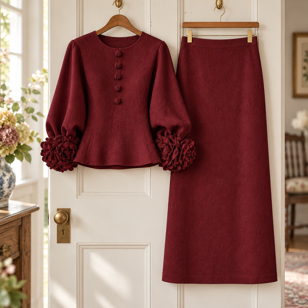 Rosemary Rose Sleeve Top and Pencil Skirt Set in Navy on a hanger