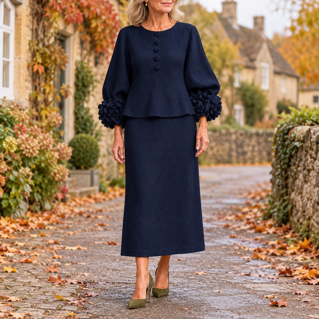 Rosemary Rose Sleeve Top and Pencil Skirt Set in Navy, worn out and about