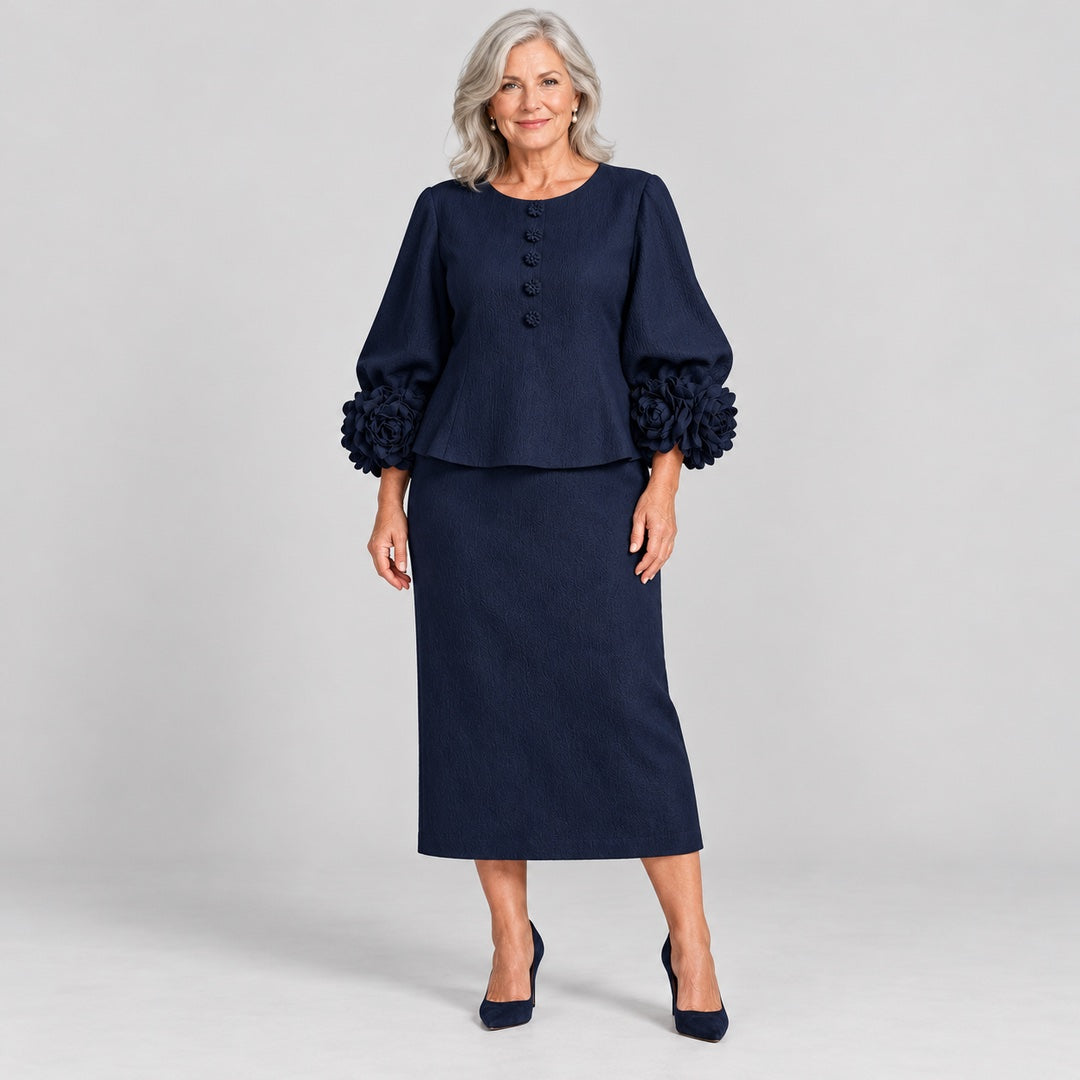Rosemary Rose Sleeve Top and Pencil Skirt Set in Navy