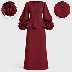 Rosemary Rose Sleeve Top and Pencil Skirt Set in Navy, with close-ups of the details